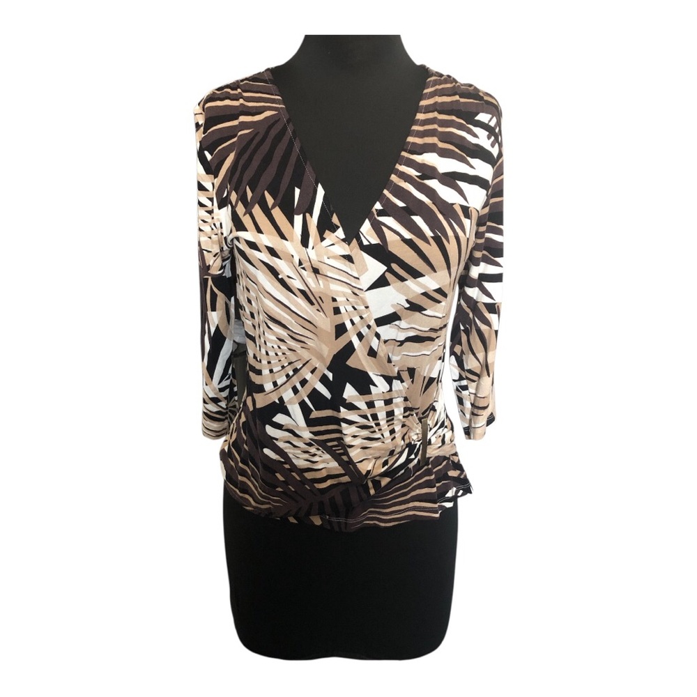 Liz Jordan Women's Abstract Brown and Cream V-Neck Top Buckle Detail Size S